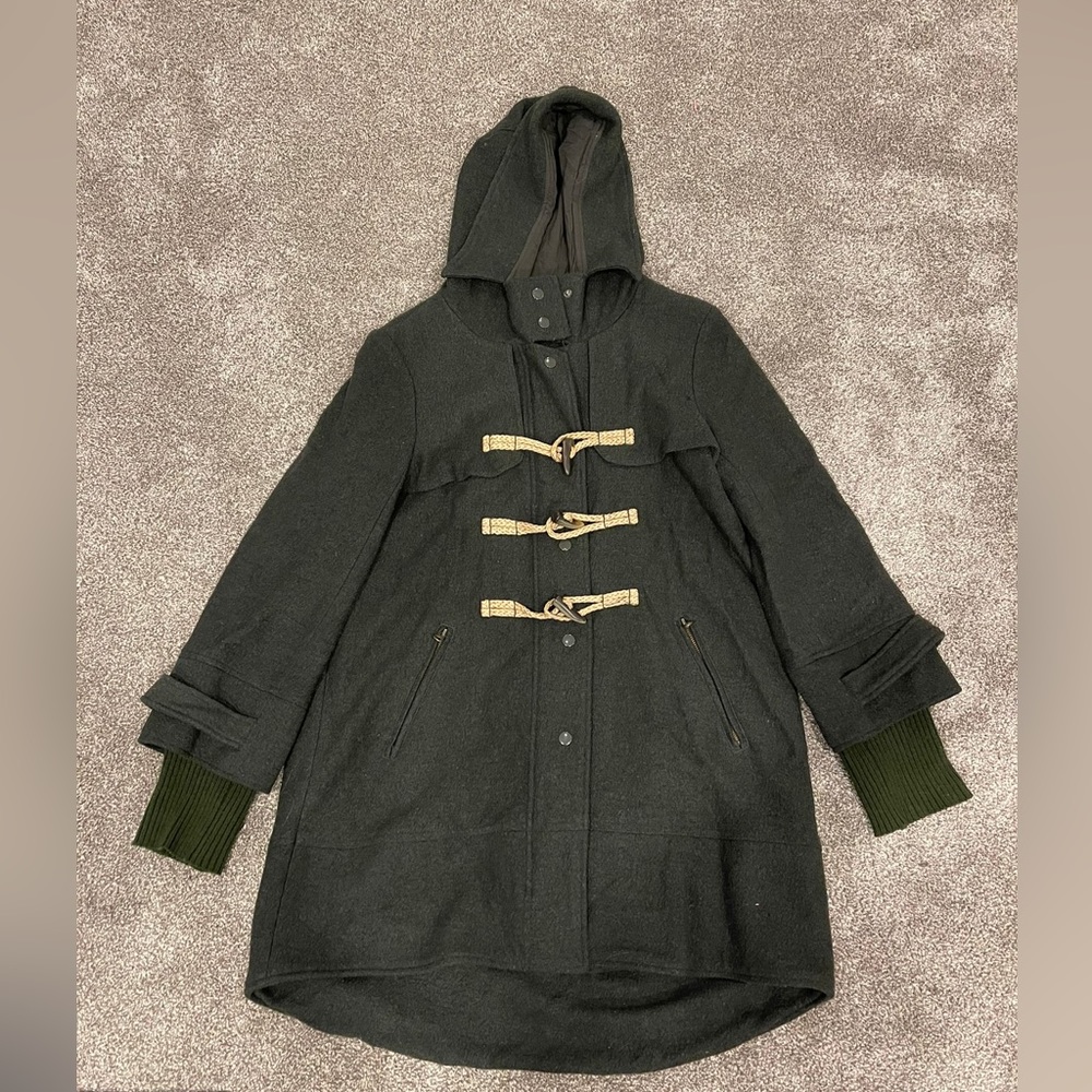 Free People Military Green Wool Mix Duffel Coat With Hood - Size Medium